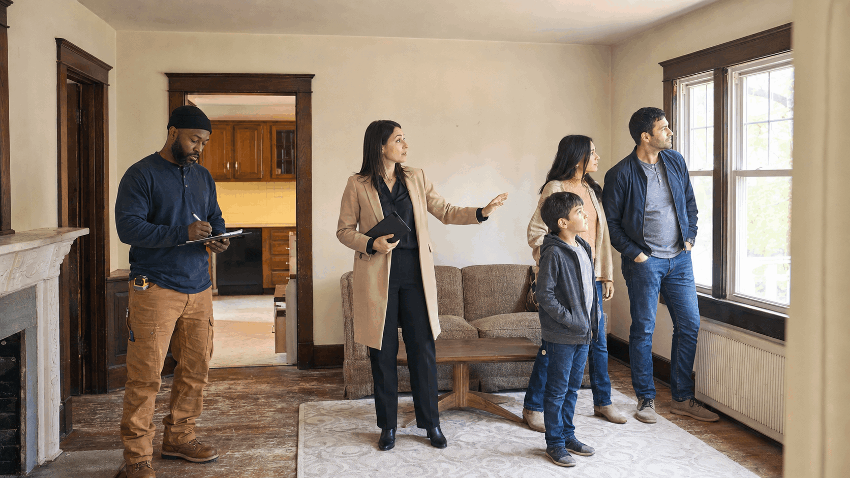 Diverse buyers touring an as-is North Jersey probate home with a real estate agent while a contractor-style buyer takes notes