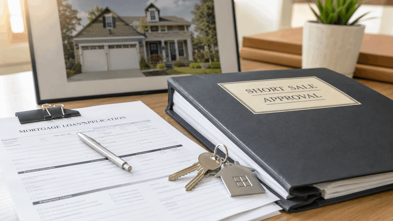 Mortgage paperwork, house keys, and short sale approval folder on a real estate office desk with a New Jersey home photo in the background.