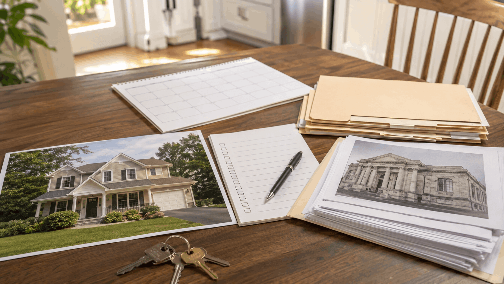Probate planning documents, checklist, calendar, home photo, file folders, and house keys organized on a North Jersey kitchen table