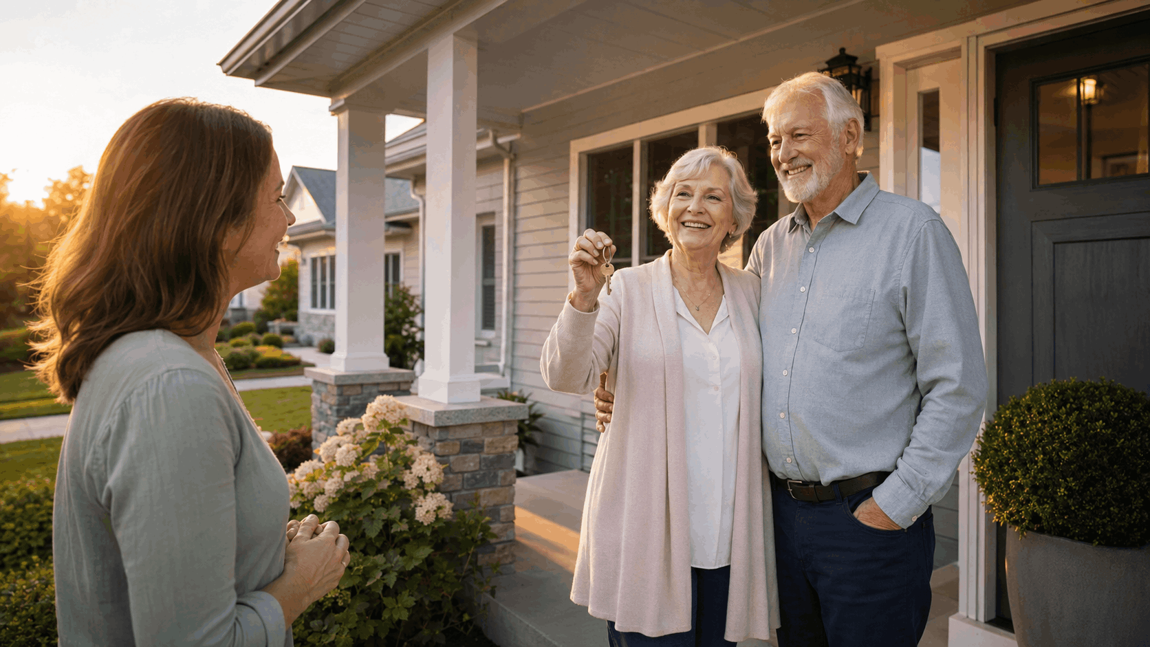 Senior couple smiling on the porch of a low-maintenance North Jersey home, holding keys with a family member nearby at sunset.