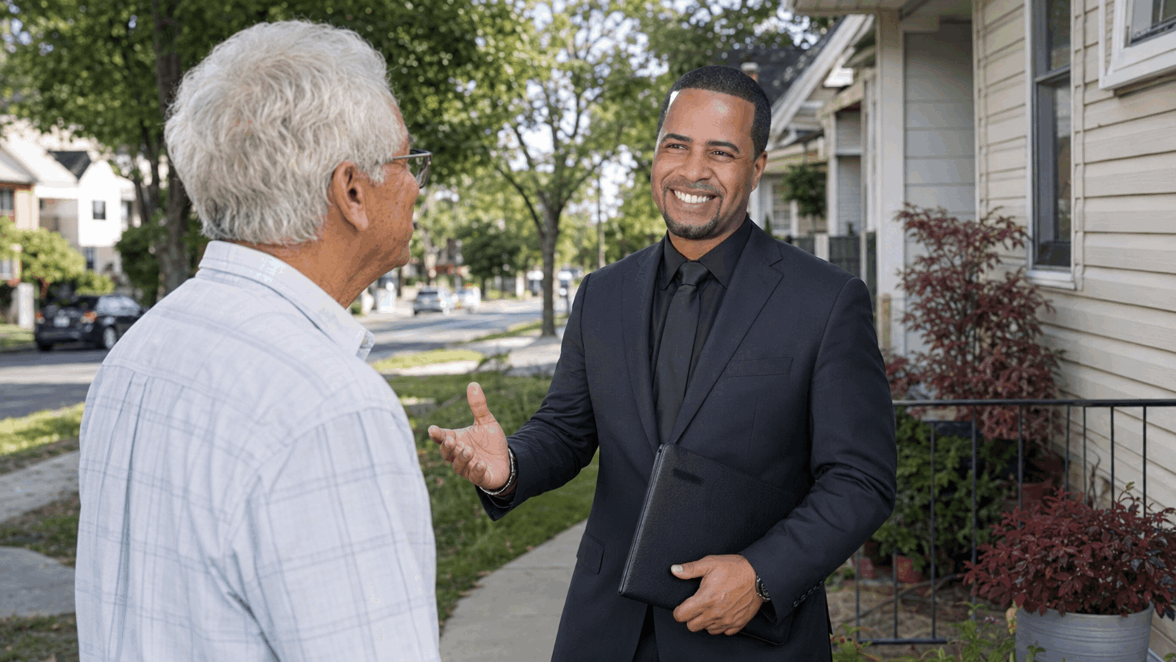 Latino North Jersey real estate professional speaking with a senior homeowner outside a modest Clifton NJ home on a neighborhood street.