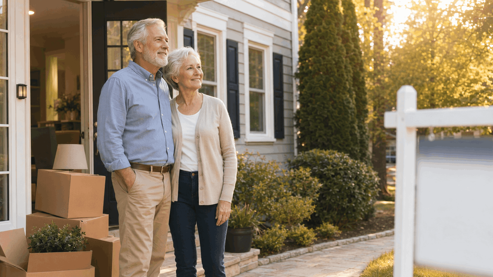 Older couple standing outside their longtime North Jersey home with packed boxes, preparing for a hopeful downsizing move.