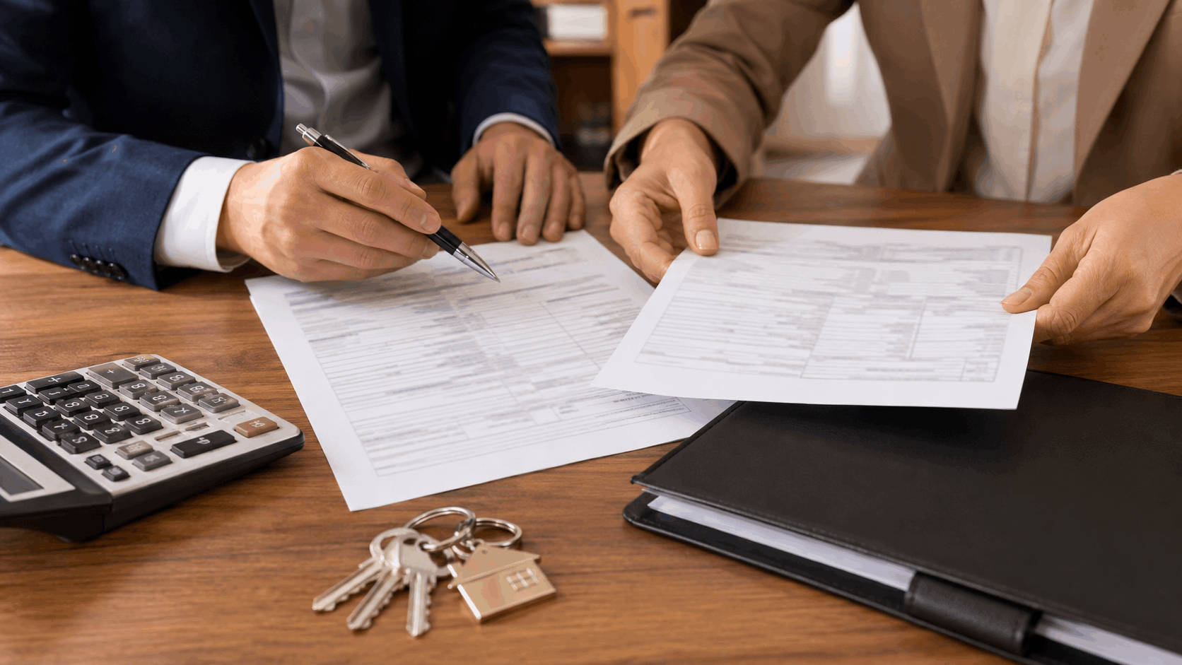 Attorney and real estate agent reviewing short sale closing documents with house keys, calculator, and folder on a professional desk.