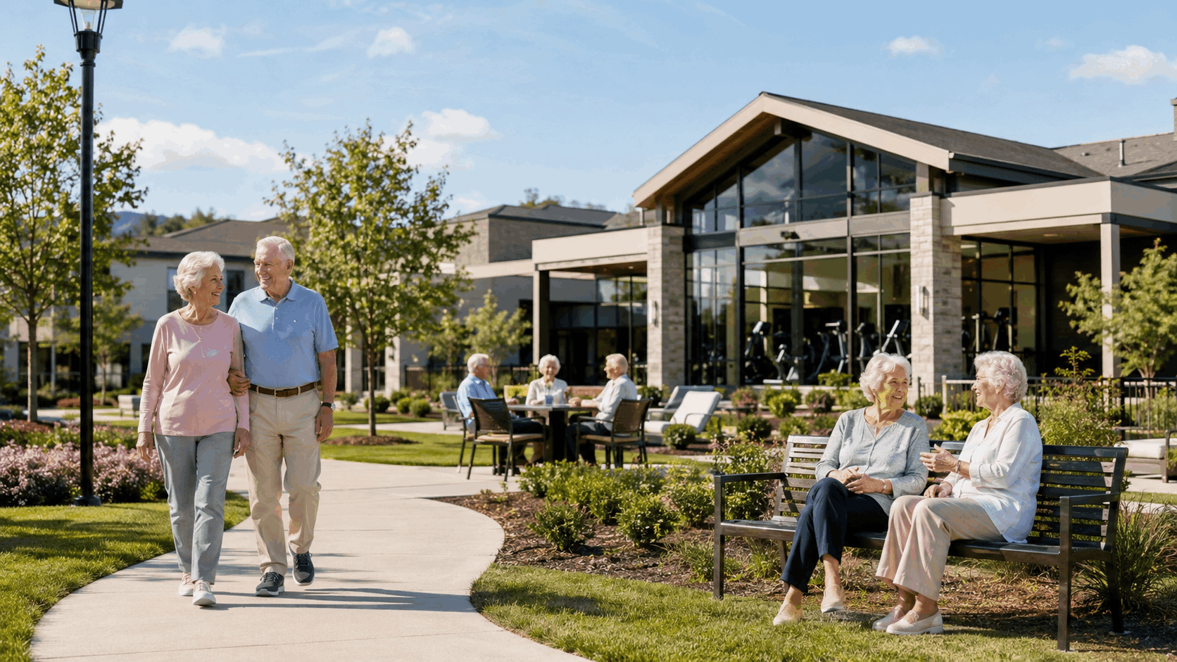 Senior residents enjoying a North Jersey resort-style senior living campus with walking paths, benches, fitness center, and landscaped outdoor spaces.