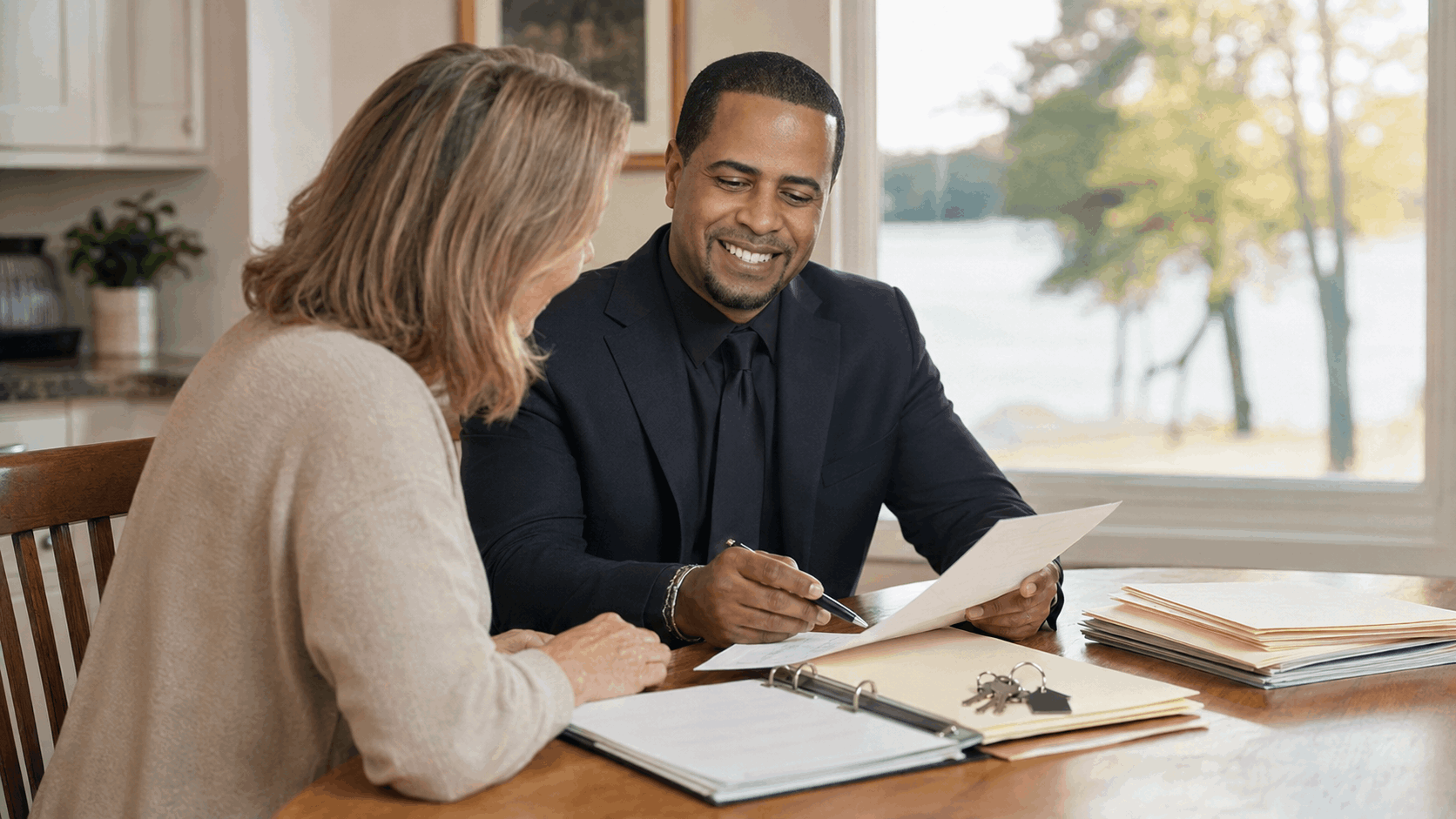 Executor reviewing inherited lake-area home documents with a real estate professional, house keys, folders, and property notes on the table.