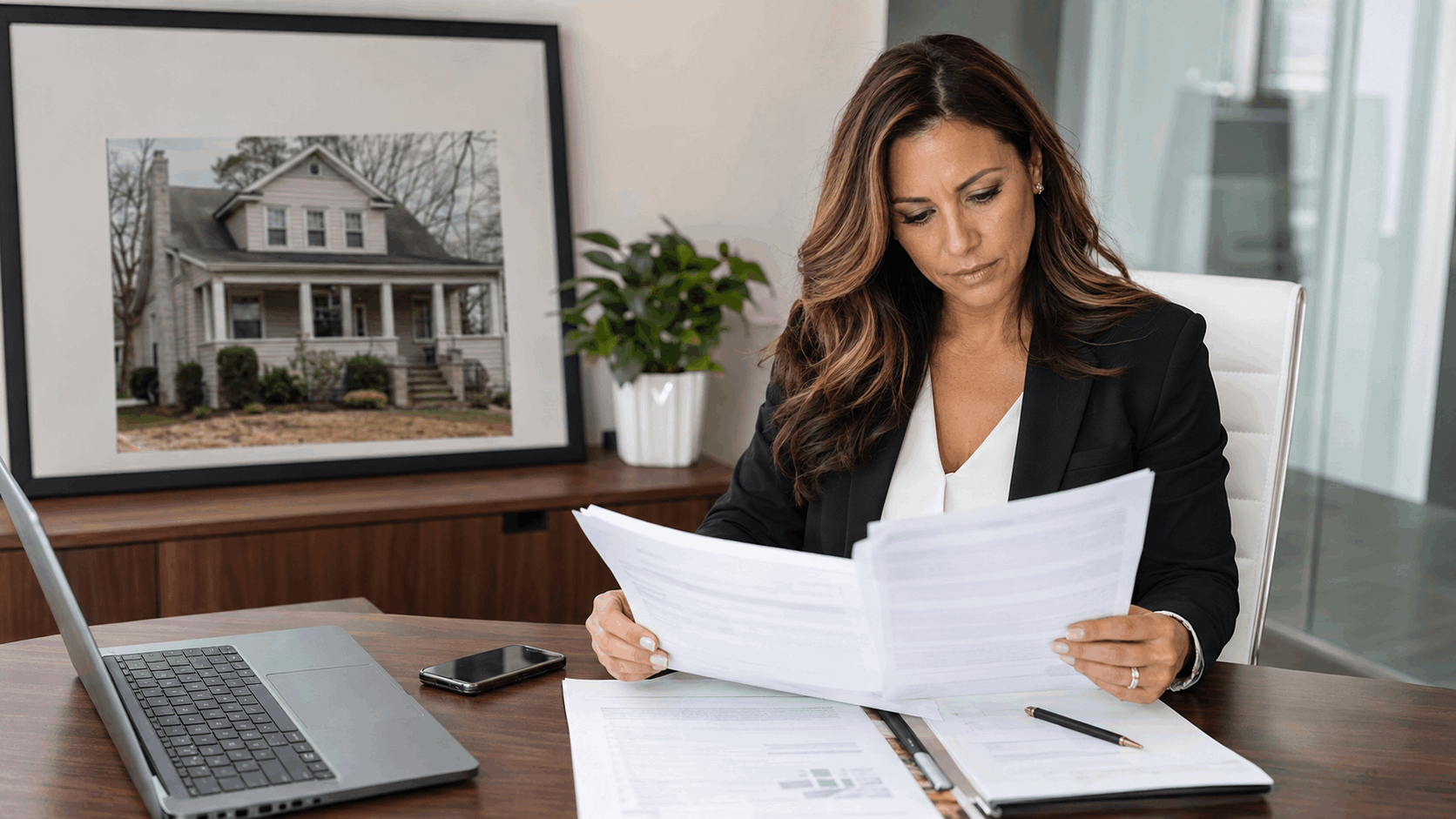 Real estate agent reviewing listing notes and lender approval paperwork beside a laptop, phone, and short sale home photo in a clean office.