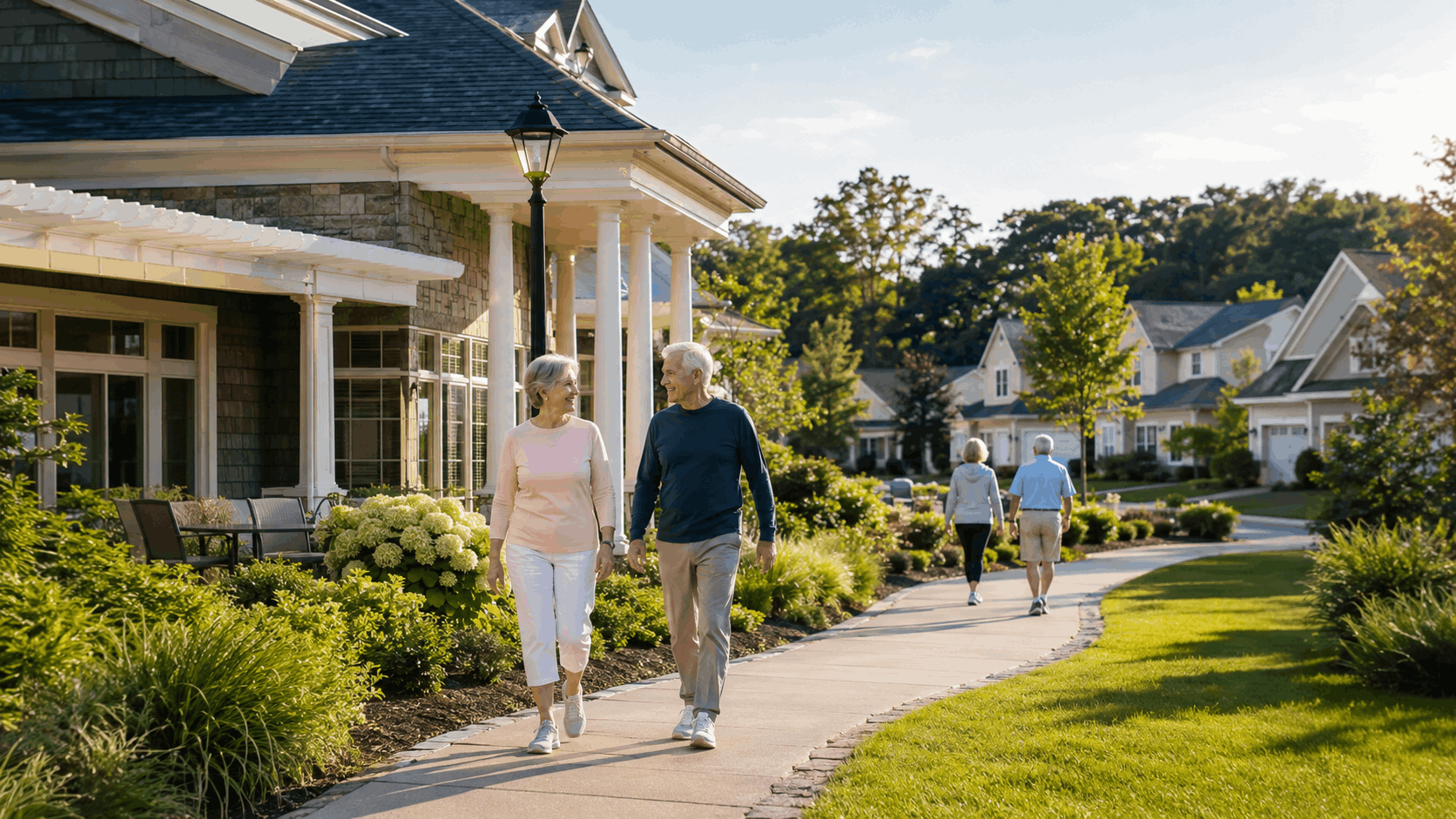 Active seniors walking outside a North Jersey 55+ community clubhouse with landscaped paths, modern homes, and peaceful suburban surroundings.