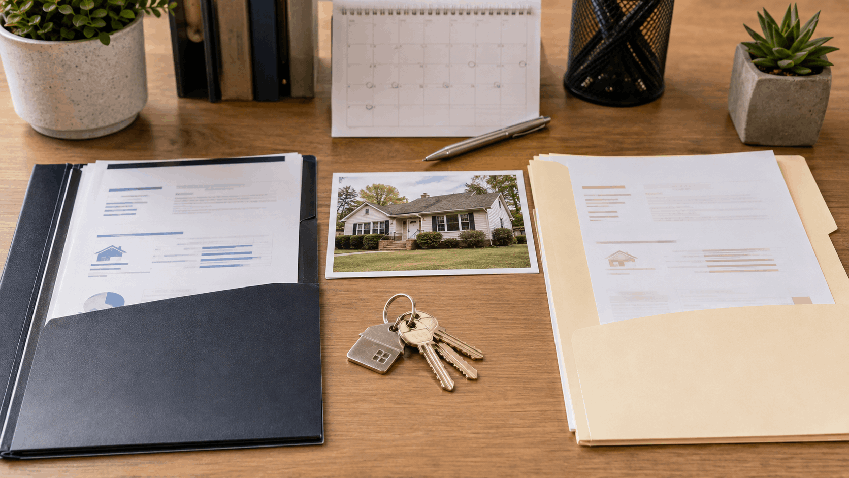 Short sale and foreclosure folders compared side by side with house keys, mortgage notes, court calendar, and property photo on a desk.
