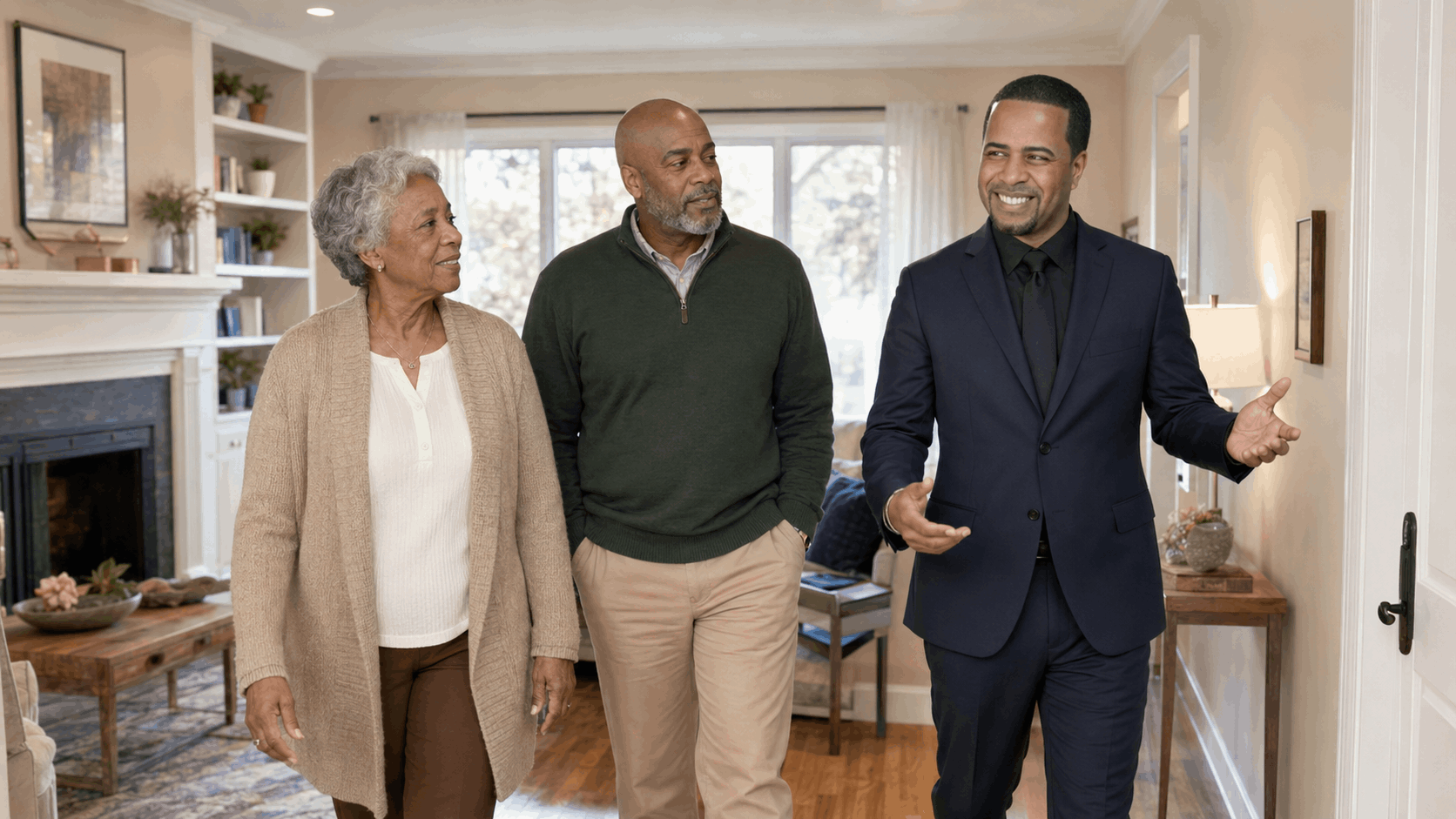 Senior homeowner and adult child walking through a North Jersey home with a real estate professional to discuss one-floor living and future plans.