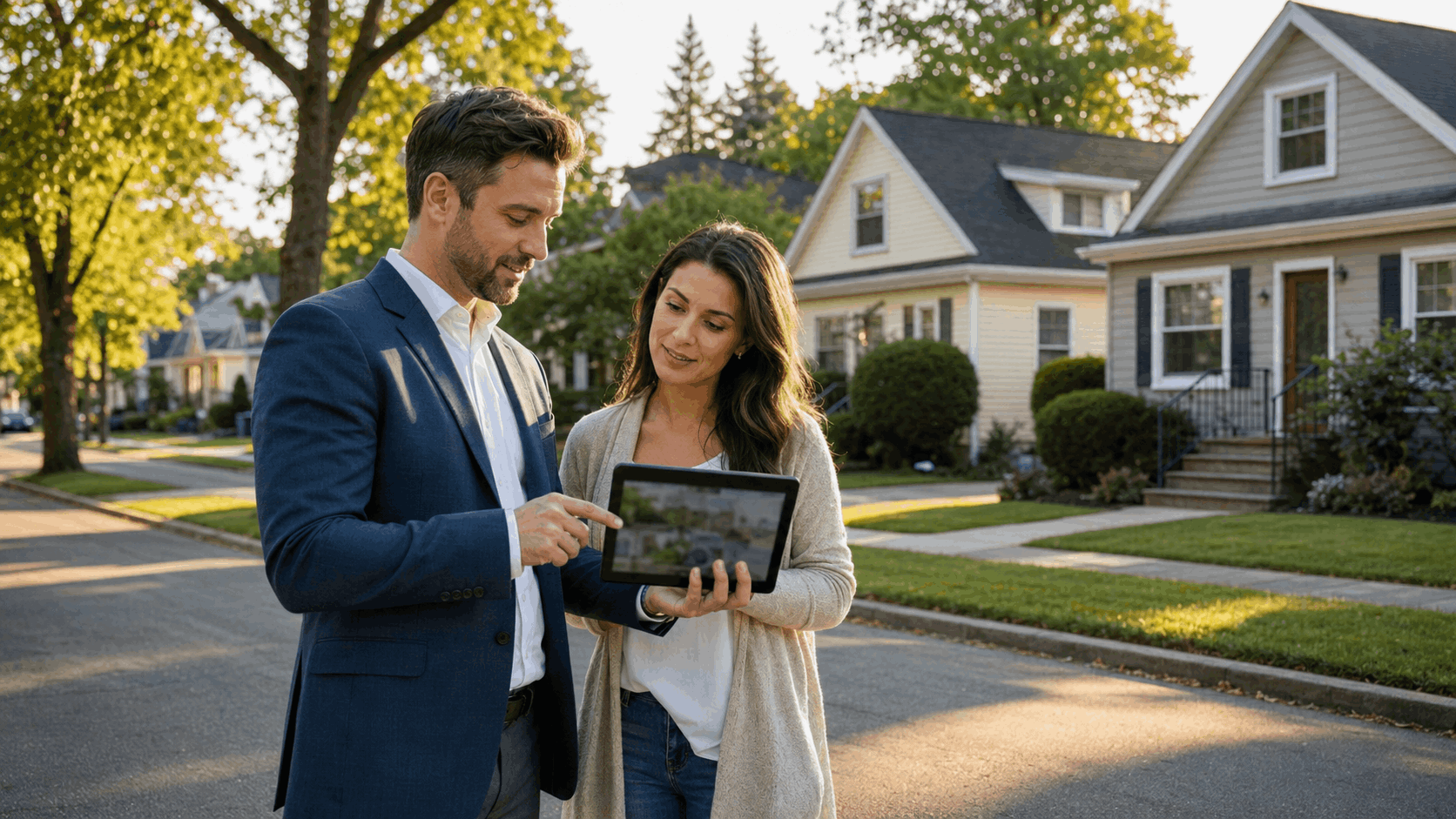 Real estate professional showing property options on a tablet to a buyer on a North Jersey neighborhood street with modest homes and mature trees.