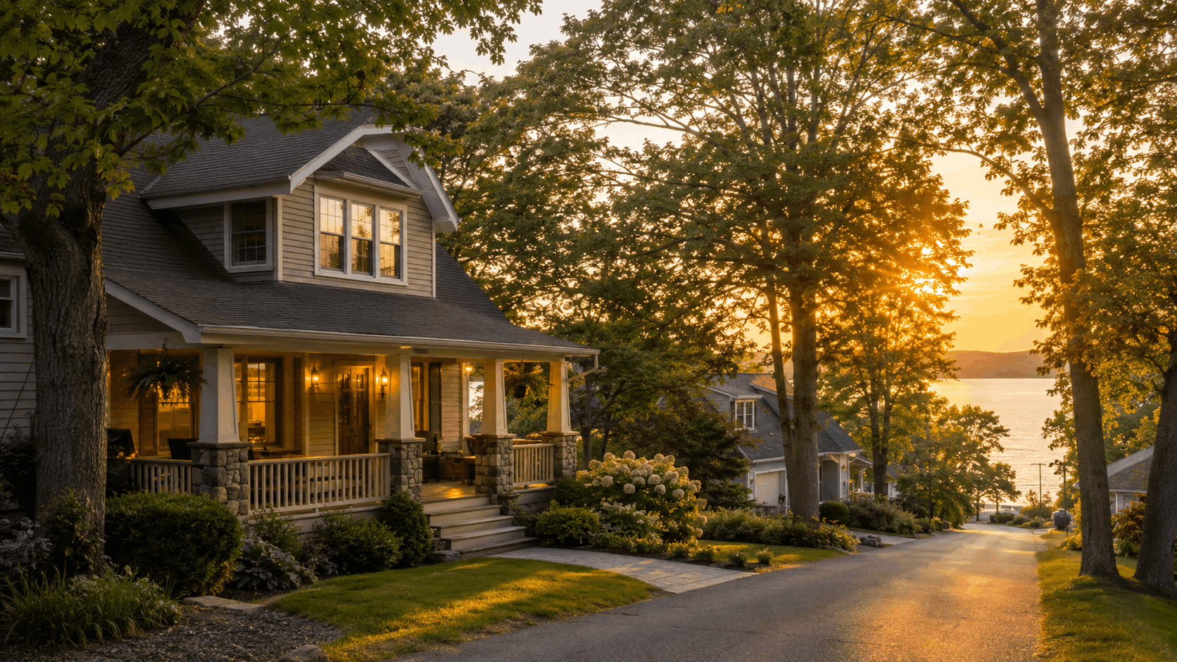 Cozy North Jersey lake-area home exterior on a peaceful residential street with mature trees, golden-hour light, and water views nearby.