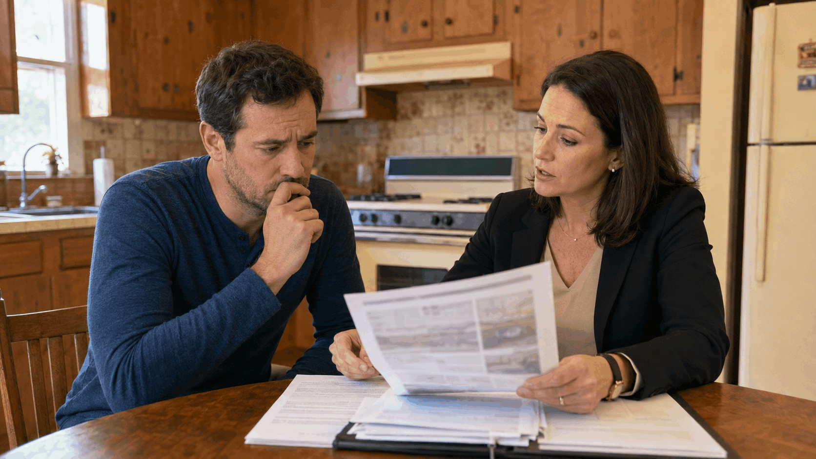 Concerned buyer and real estate agent reviewing an as-is short sale home inspection report inside an older New Jersey kitchen.