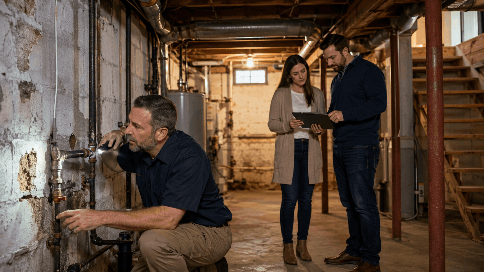 Home inspector checking basement wall and plumbing in an older North Jersey short sale property while buyer and agent review notes nearby.