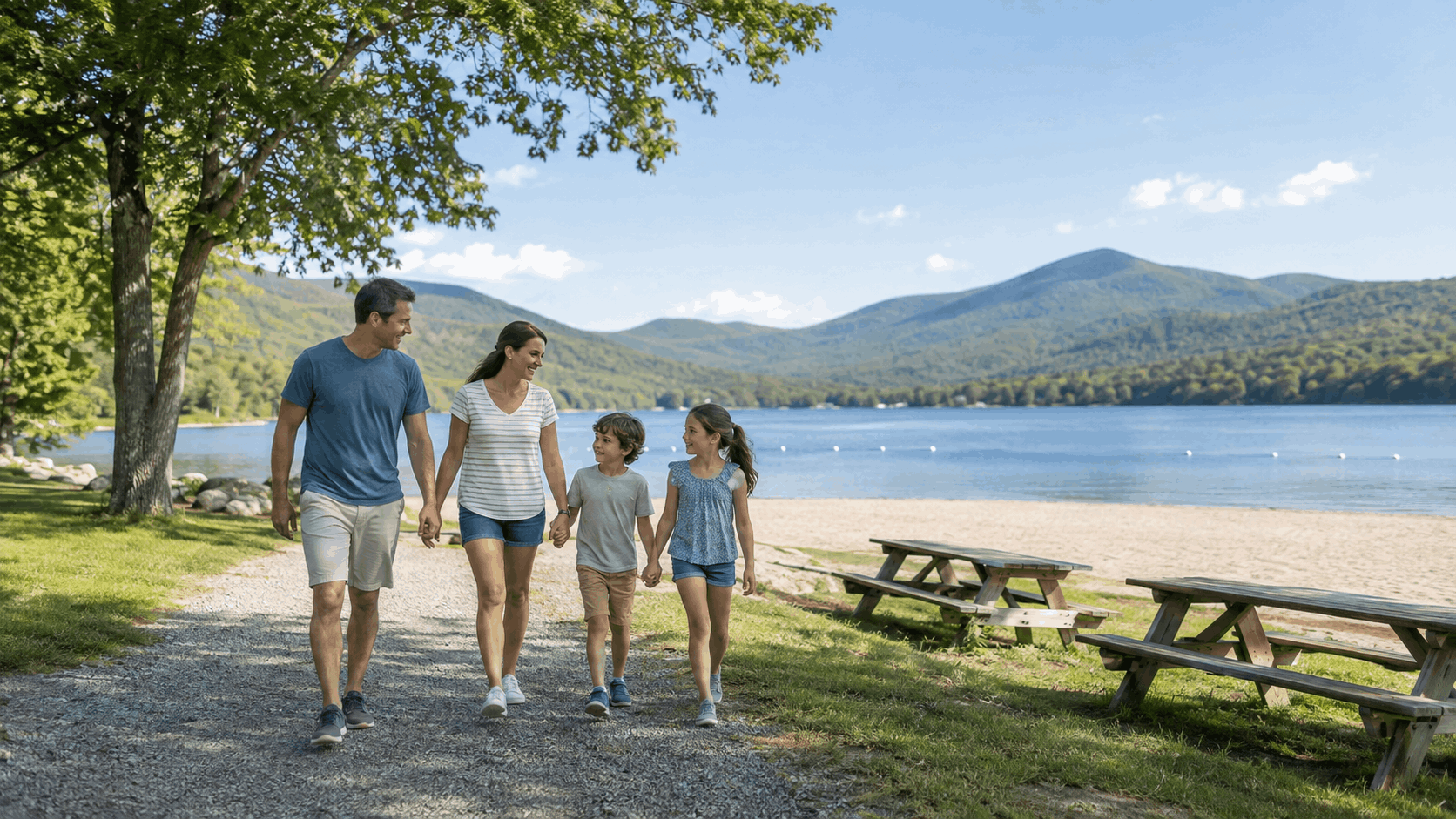 Family walking near a North Jersey lakefront park with picnic tables, sandy beach, calm lake water, and wooded mountain views.
