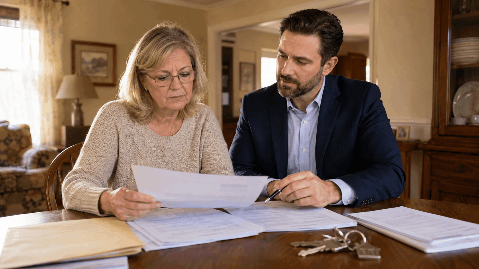 Executor and real estate agent reviewing probate documents, mortgage payoff notes, and house keys inside an inherited New Jersey home.