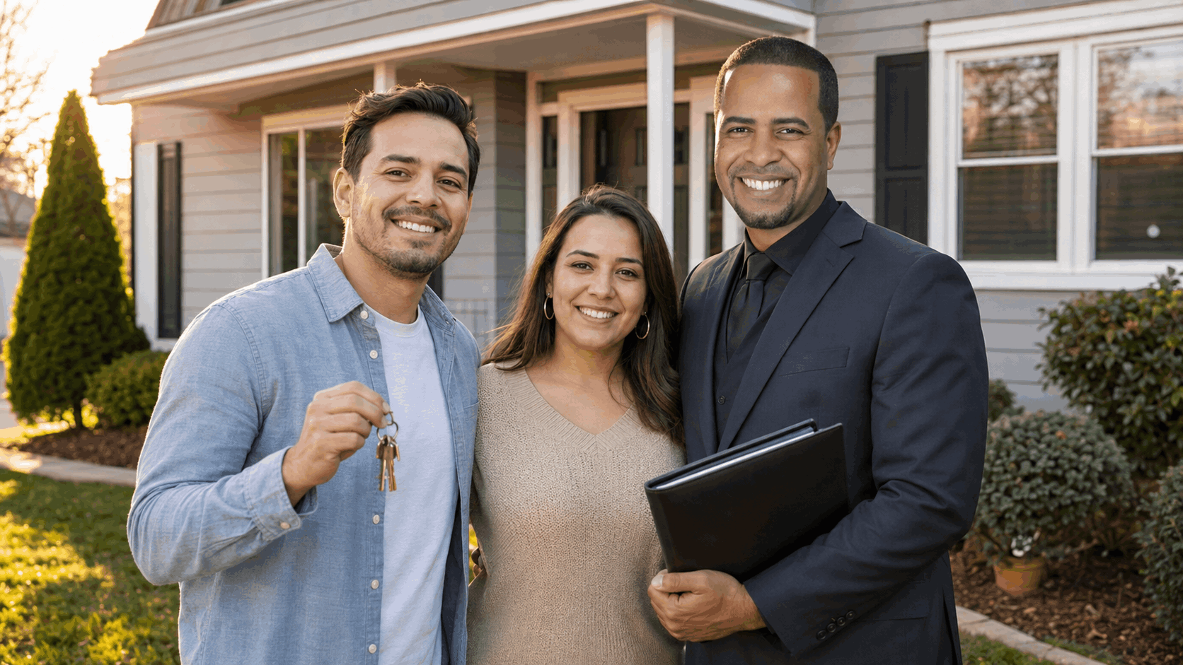 North Jersey buyer, seller, and real estate professional standing outside a modest home after a successful short sale closing with keys and folder.