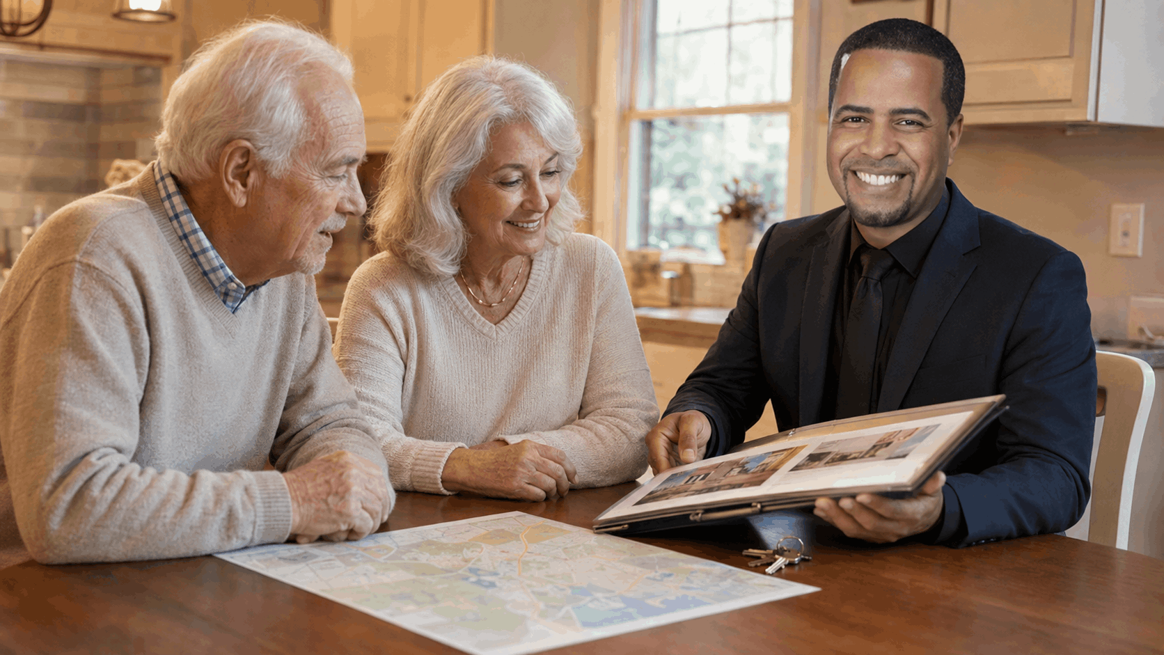 North Jersey real estate professional helping older homeowners review downsizing options near Clifton and Wayne with a property folder, map, and house keys.