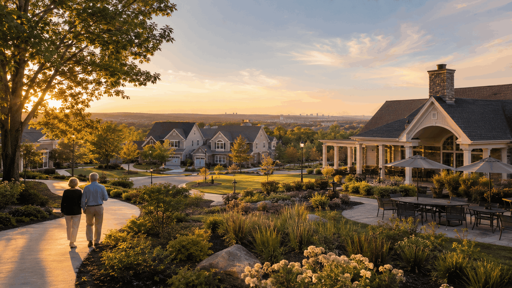 Scenic Woodland Park NJ active adult community with elegant townhomes, clubhouse amenities, mature trees, and golden-hour suburban views.