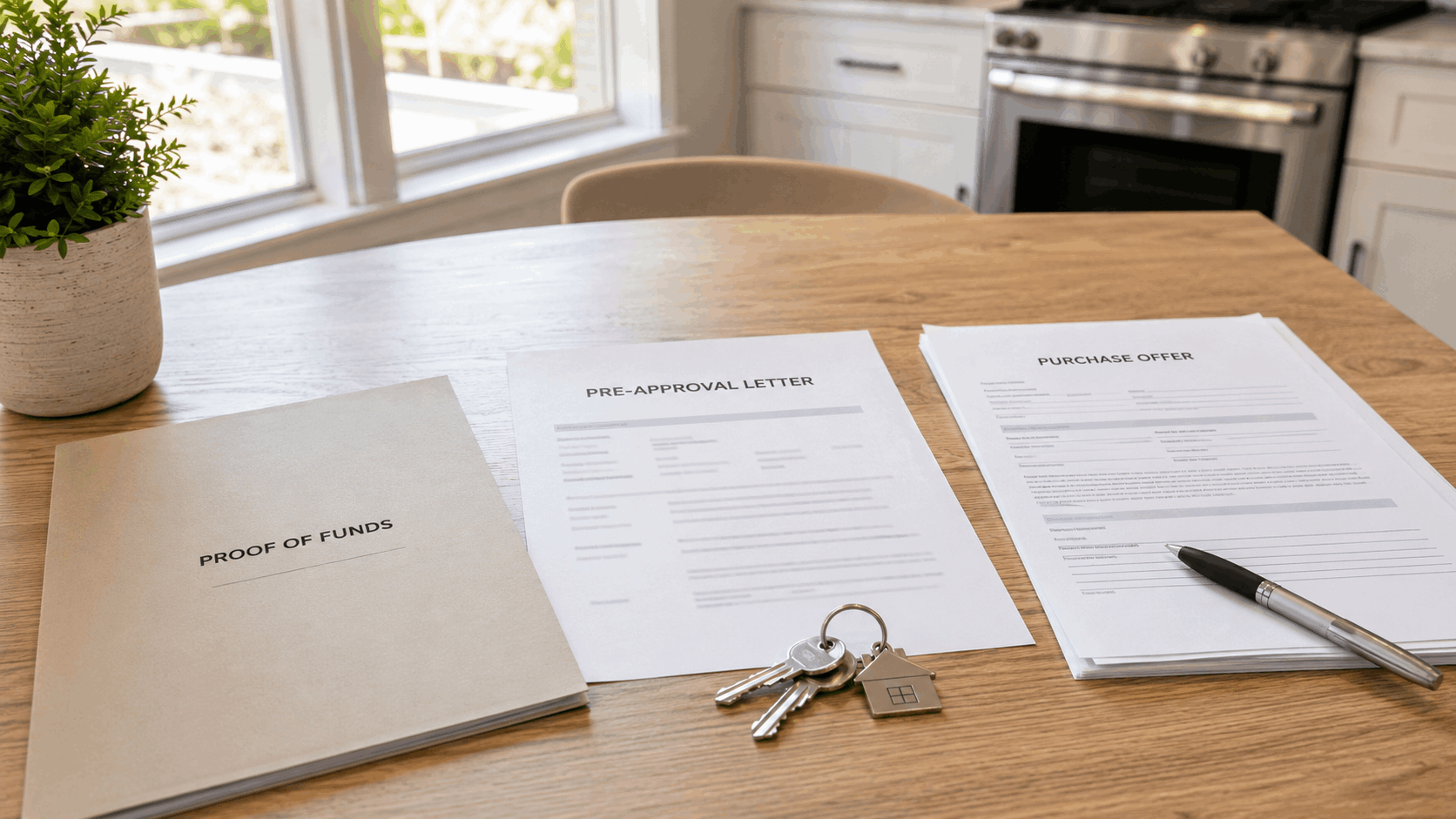 Buyer offer preparation documents with pre-approval letter, proof of funds folder, house keys, pen, and purchase offer on a kitchen table.