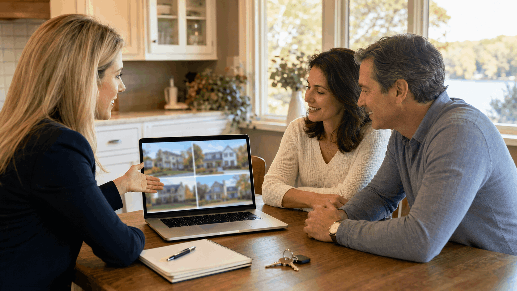 Real estate professional reviewing lake-area home options with buyers at a kitchen table, laptop, house keys, and notebook in warm natural light.