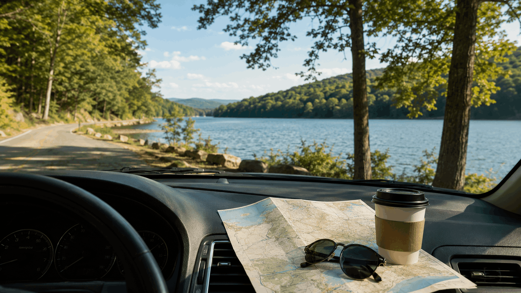 North Jersey road trip scene near Greenwood Lake with wooded shoreline views, dashboard map, coffee cup, and sunglasses in warm natural light.
