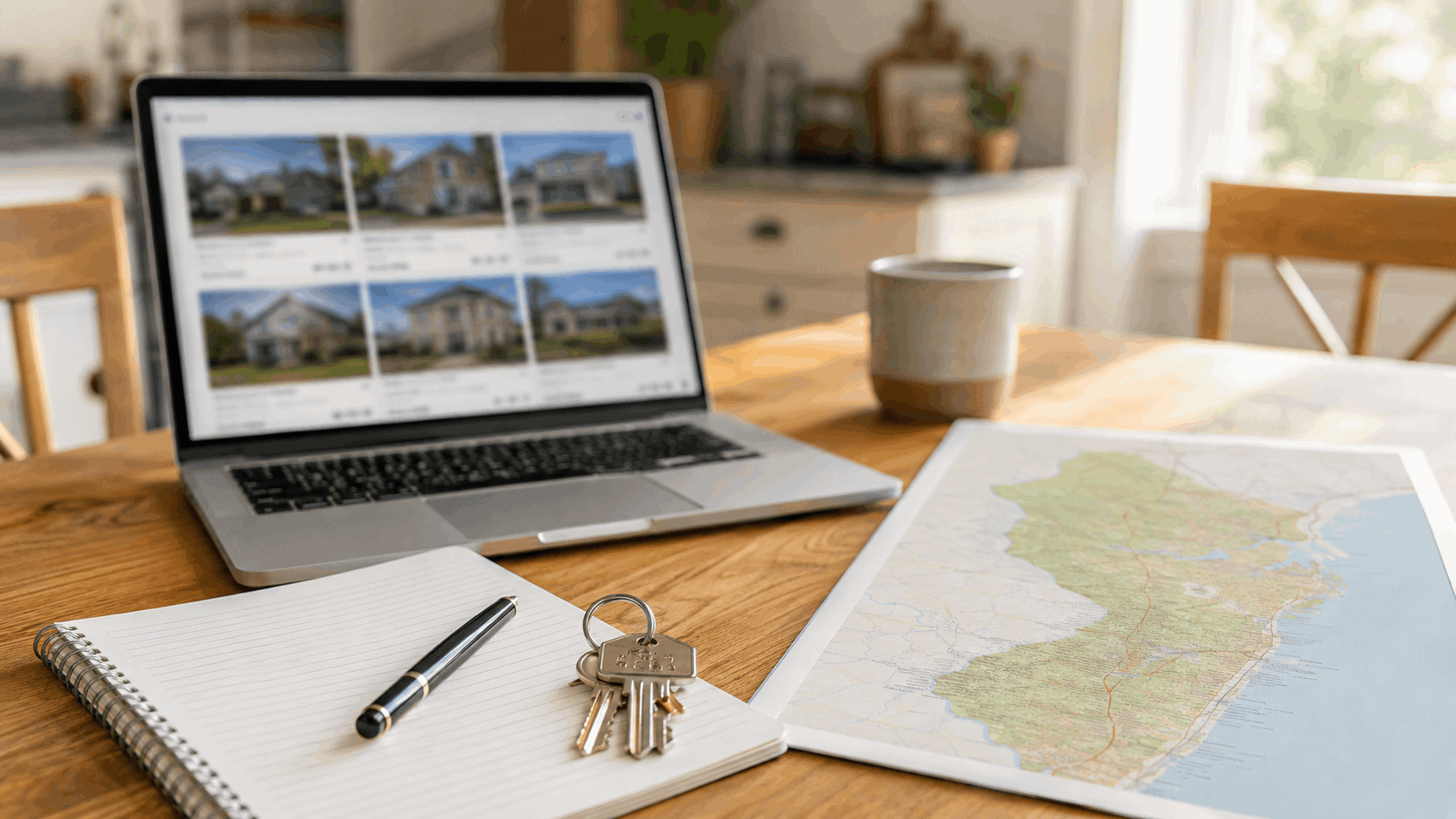 North Jersey home search setup with laptop showing blurred property listings, New Jersey map, notebook, pen, and house keys on a kitchen table.