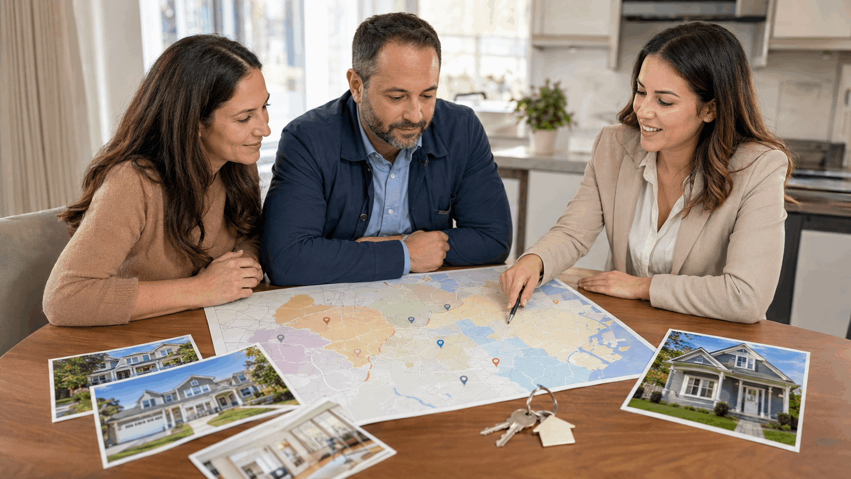 Real estate professional reviewing a North Jersey map with buyers, home photos, and house keys for Passaic and Bergen County market planning.