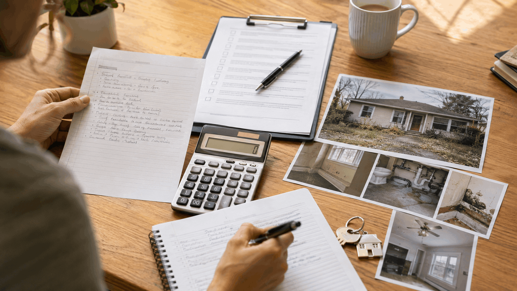 Buyer reviewing repair notes, inspection checklist, calculator, and property photos for a short sale home on a wooden table.