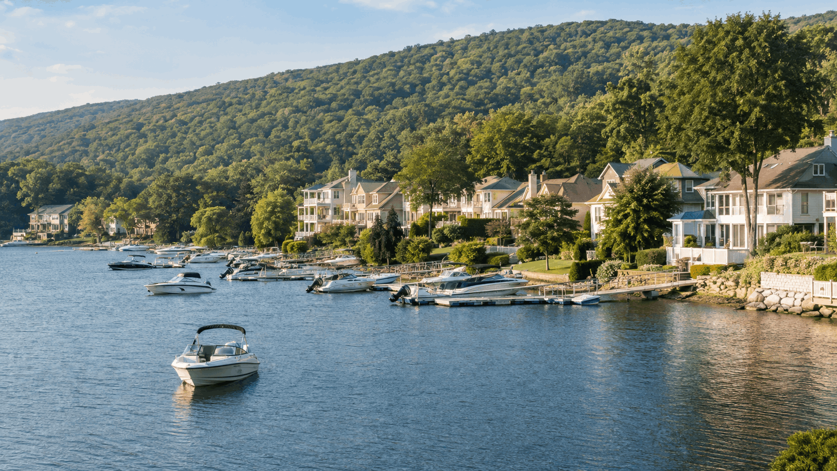 Peaceful Greenwood Lake shoreline with small boats, marina docks, waterfront homes, calm blue water, and wooded North Jersey hills.