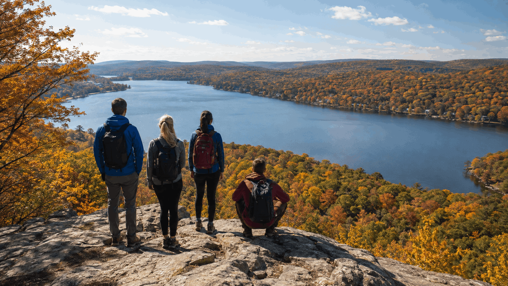 Hikers standing on a rocky overlook above Greenwood Lake with sweeping water views, wooded hills, and colorful fall foliage.