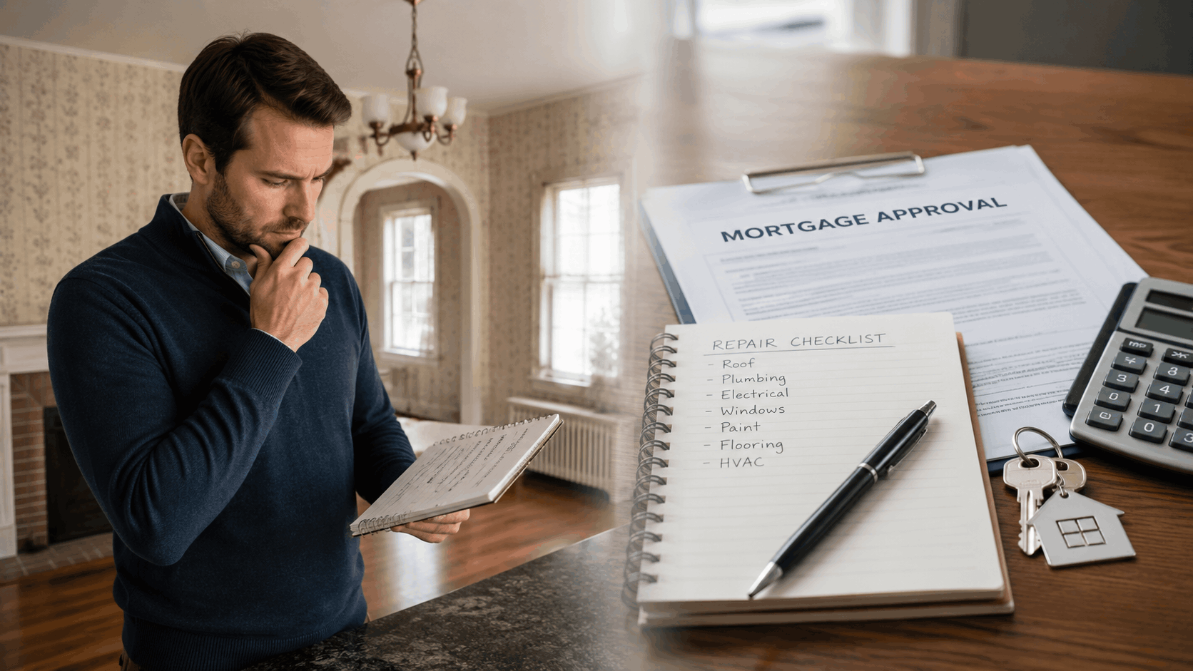Buyer reviewing repair notes beside mortgage approval documents for a dated North Jersey probate home.