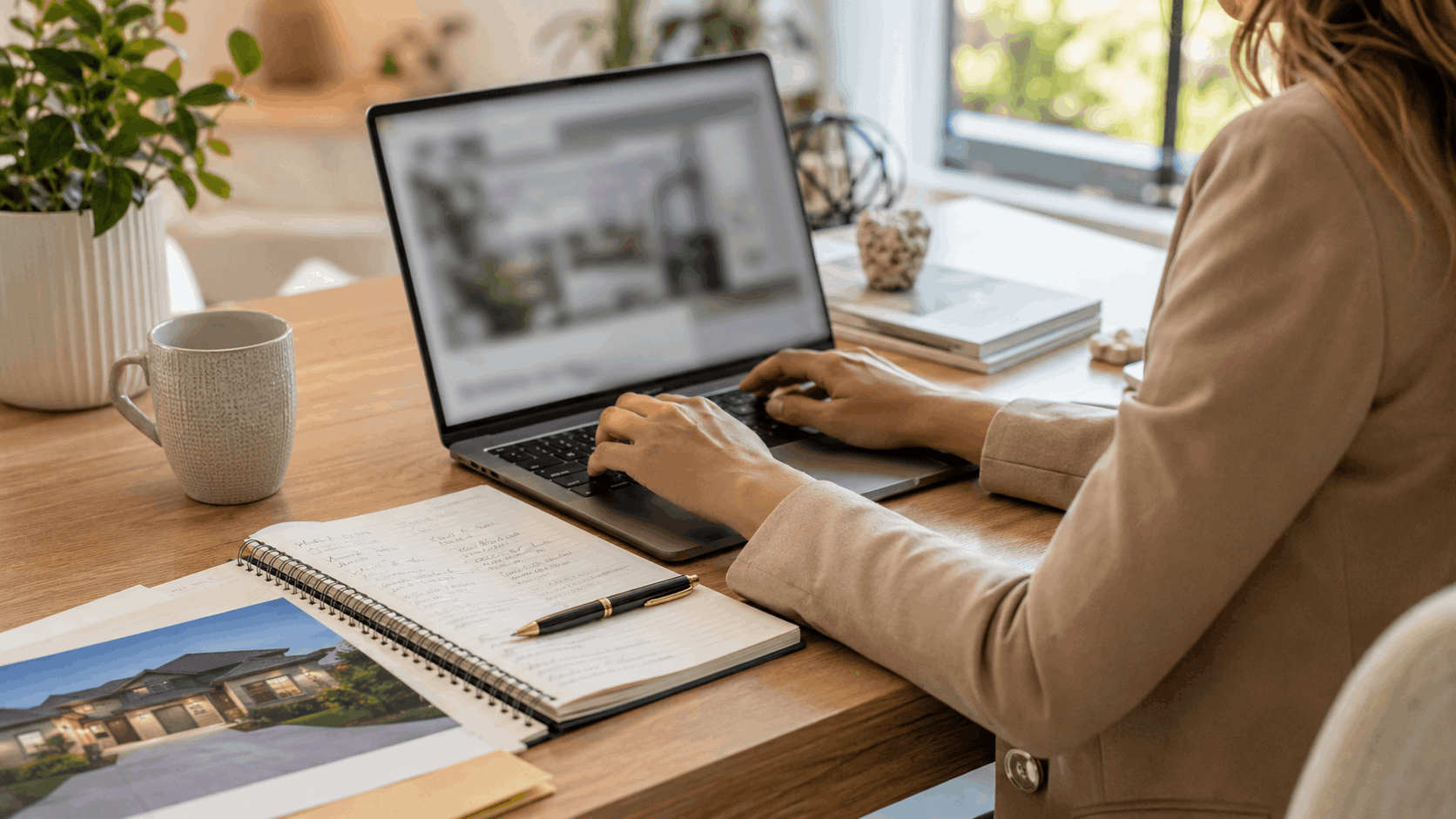 Real estate agent drafting a probate home listing description on a laptop with property notes in a clean modern workspace.