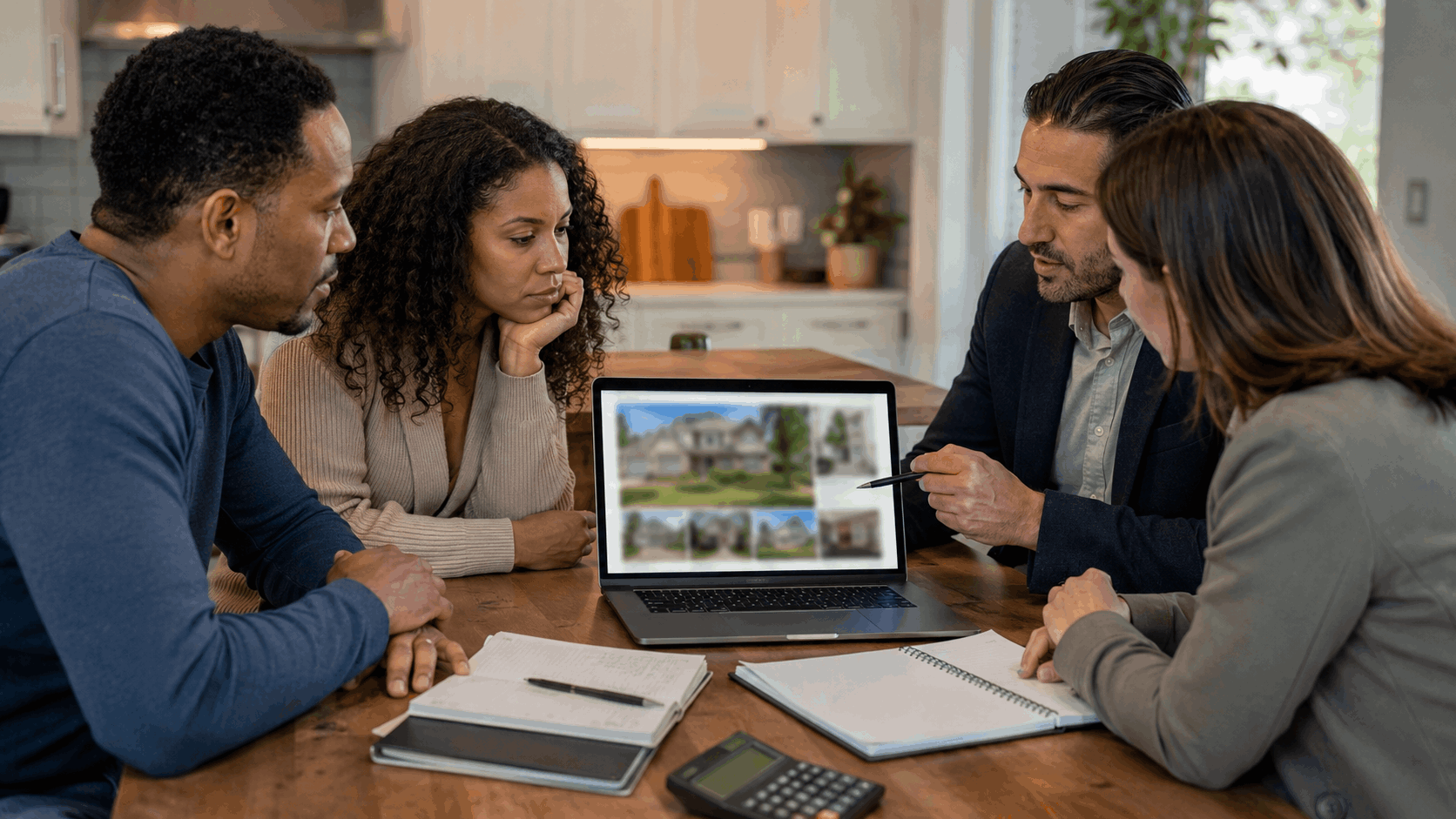Diverse home buyers and investors reviewing a blurred probate property listing on a laptop during a real estate consultation.