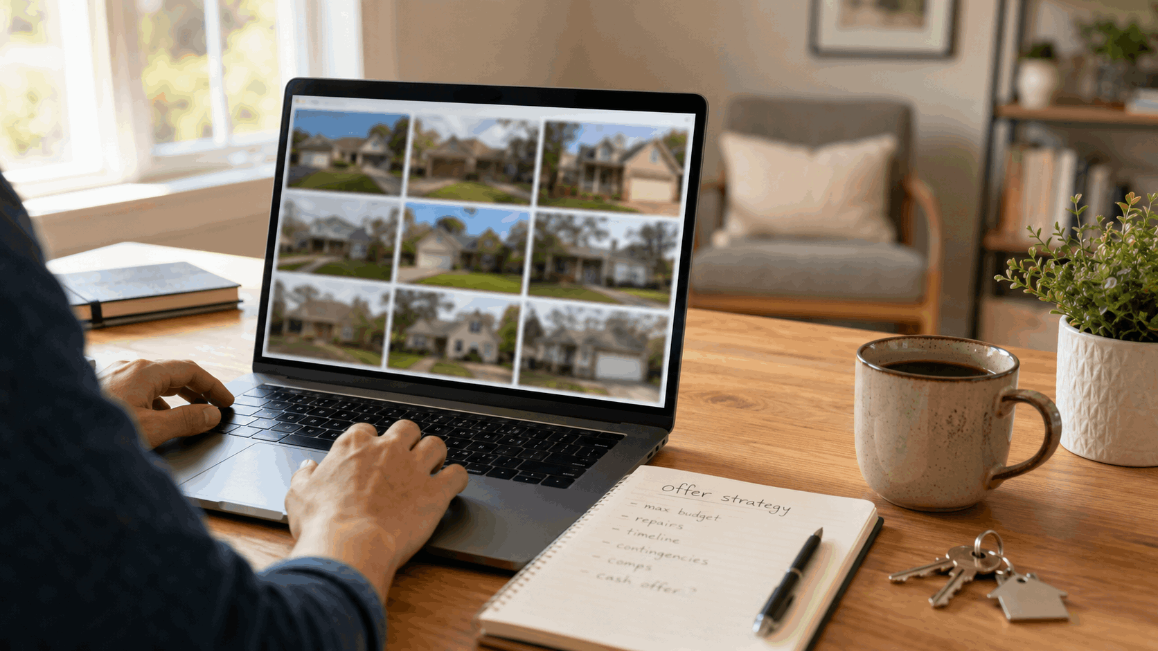 Buyer browsing as-is and estate sale home listings on a laptop with offer strategy notes, coffee, and house keys nearby.