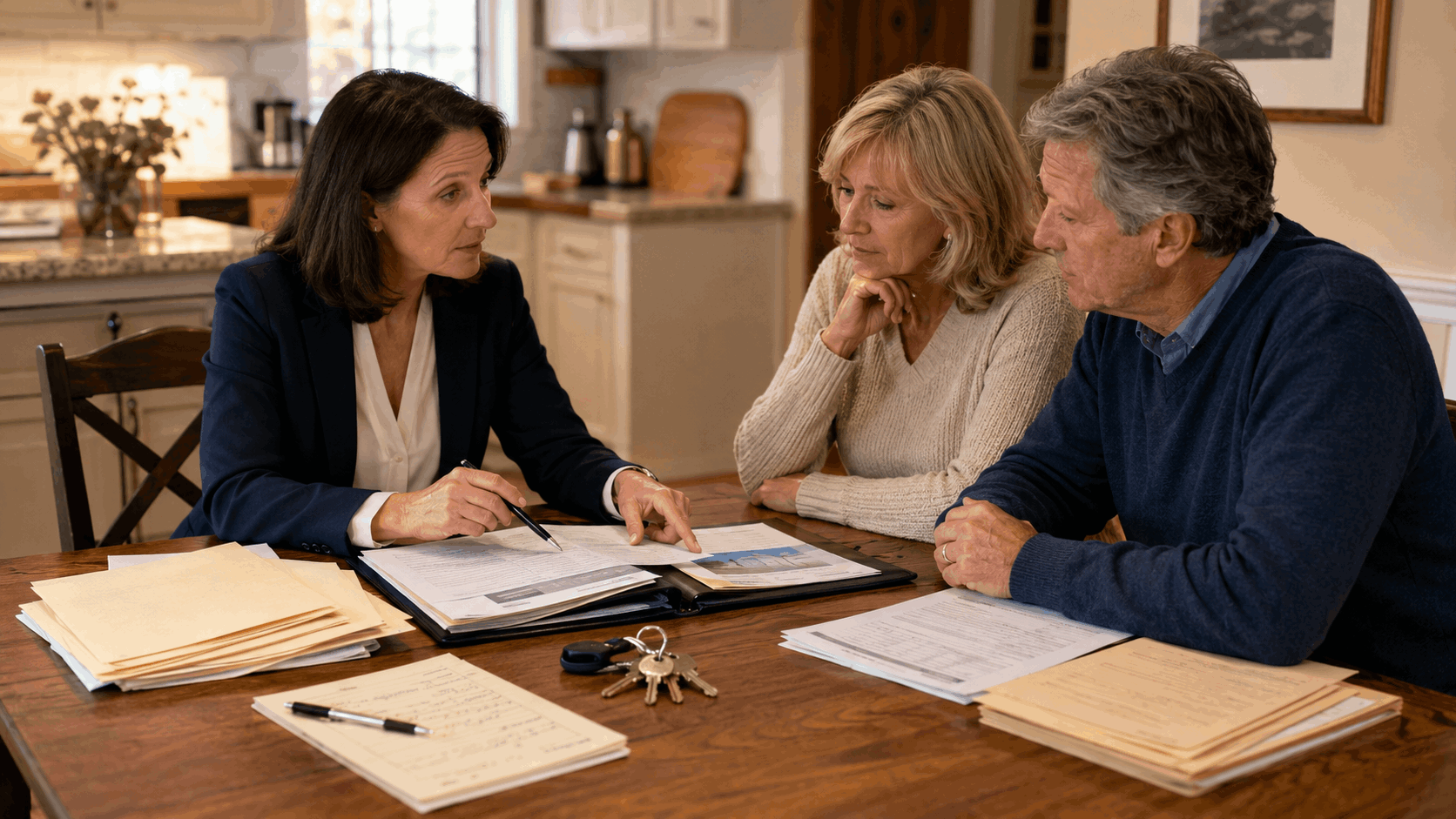 North Jersey real estate professional meeting with heirs at a kitchen table to review estate folders, keys, and property notes.