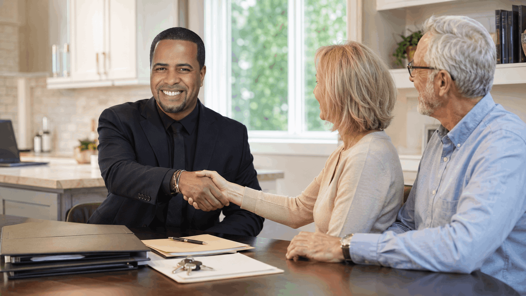 Johnny Rodriguez shaking hands with a probate home seller family during a warm North Jersey real estate consultation.