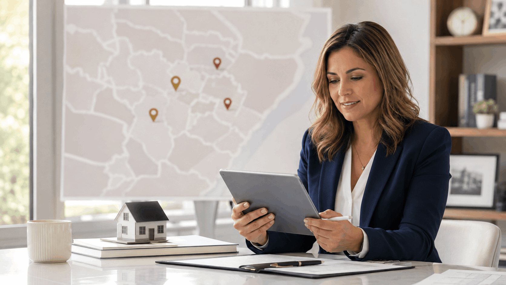 North Jersey real estate professional reviewing buyer strategy on a tablet with neighborhood map pins for local market planning.