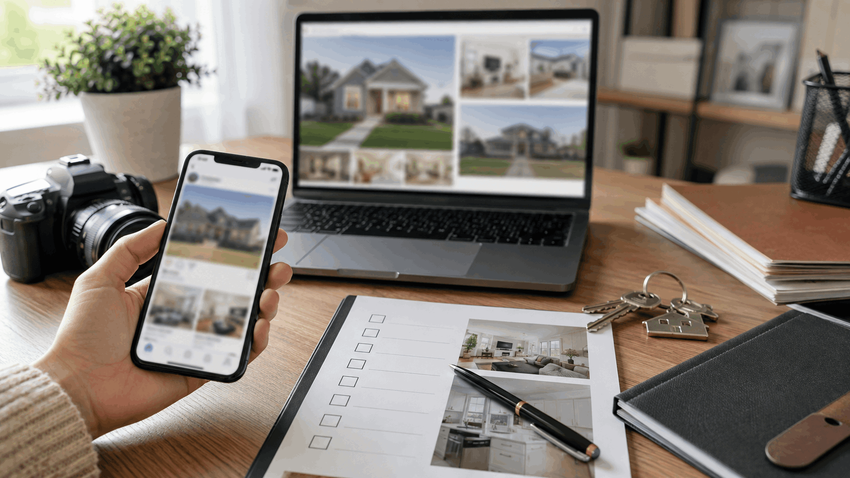 Probate home marketing campaign setup with smartphone listing preview, laptop property photos, camera, keys, and staging checklist.