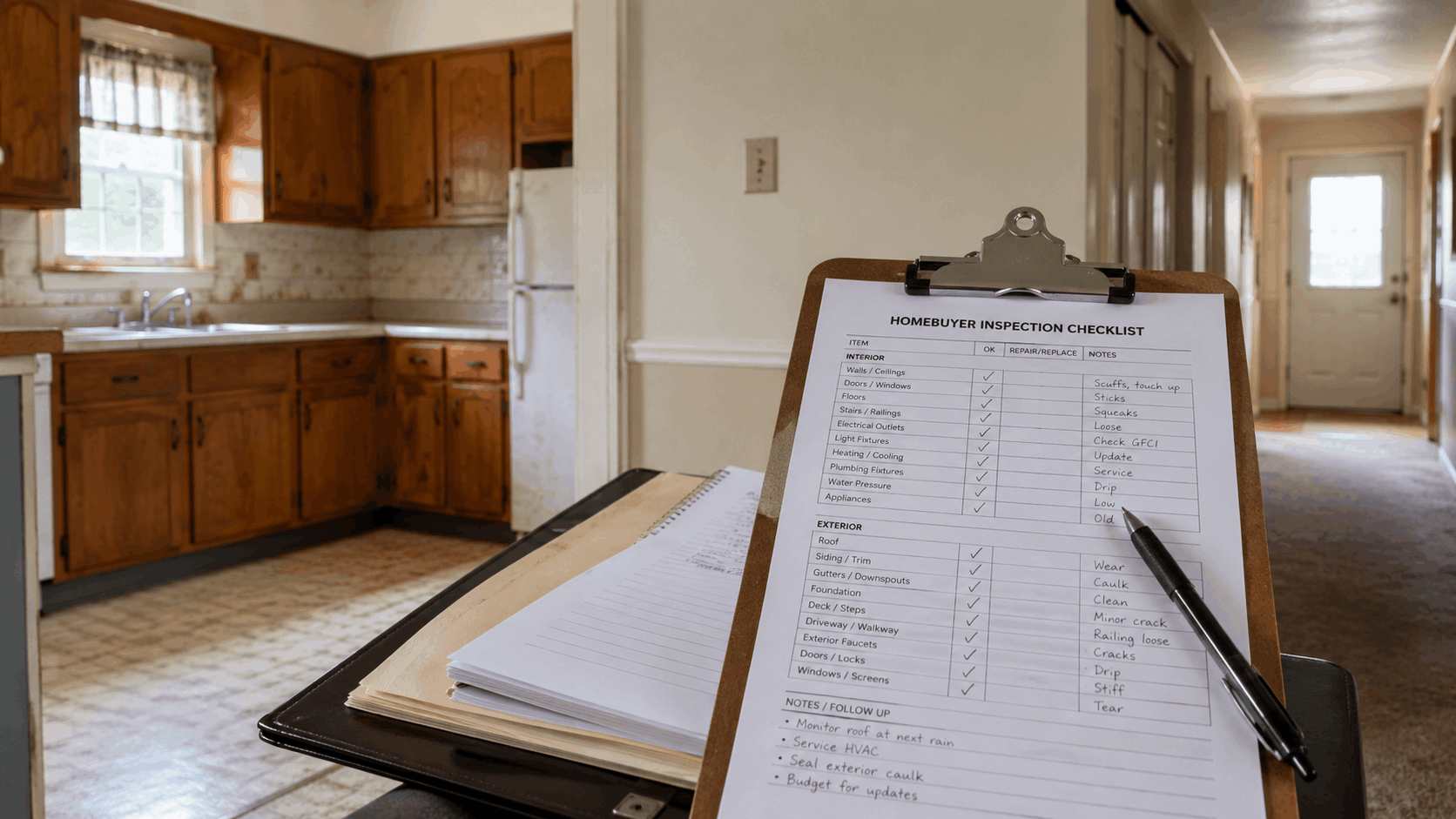 Homebuyer inspection checklist on a clipboard inside a dated New Jersey home with older kitchen cabinets and hallway.