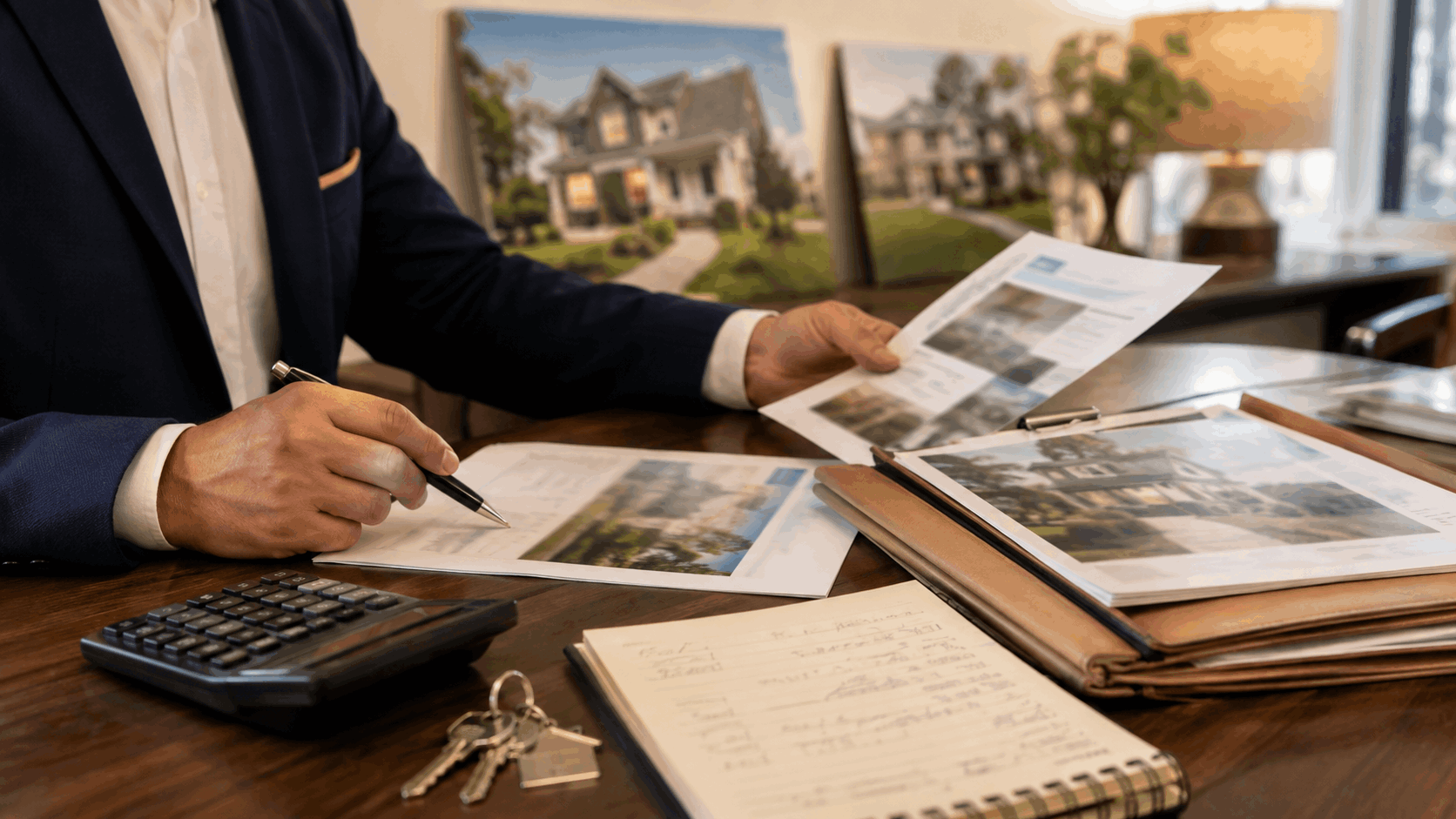Probate home pricing strategy with a real estate agent reviewing valuation notes, market printouts, calculator, and house keys.