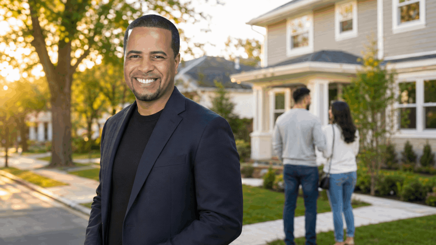 Latino North Jersey real estate professional standing outside a home with buyers in the background during golden hour.