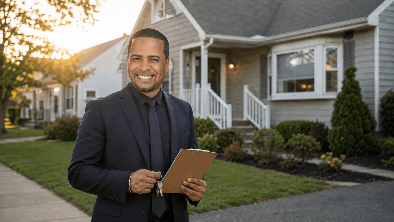 Johnny Rodriguez standing outside a modest North Jersey home with clipboard and keys during golden-hour light.
