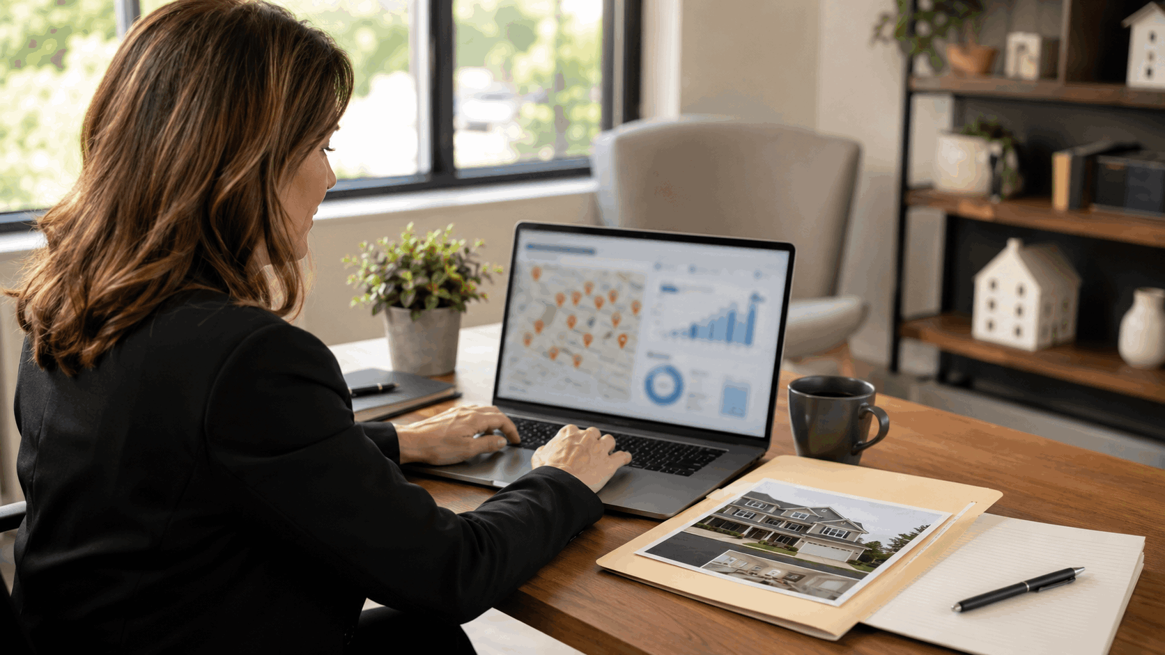 Real estate professional using AI marketing tools to analyze buyer demand for a North Jersey probate home on a laptop.