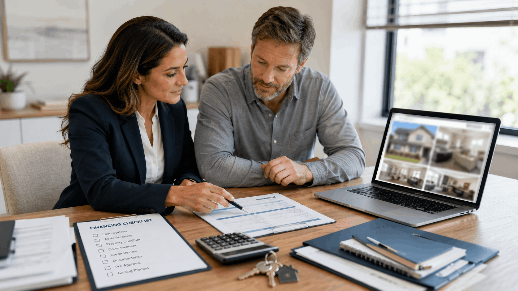 Buyer and mortgage professional reviewing loan options for an as-is probate property with checklist, calculator, keys, and laptop.