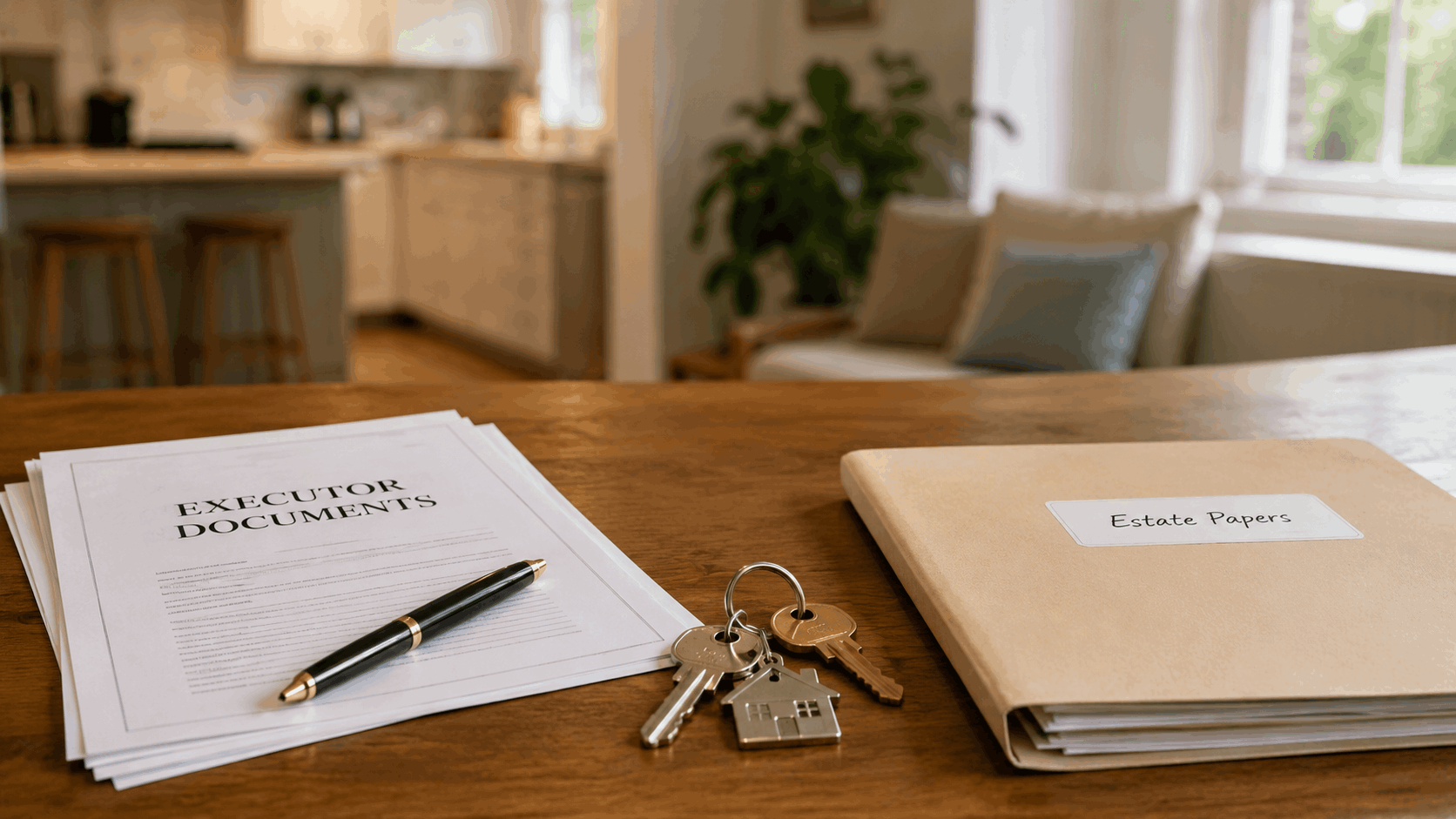 Executor documents, estate papers folder, and house keys on a wooden desk inside a New Jersey home.