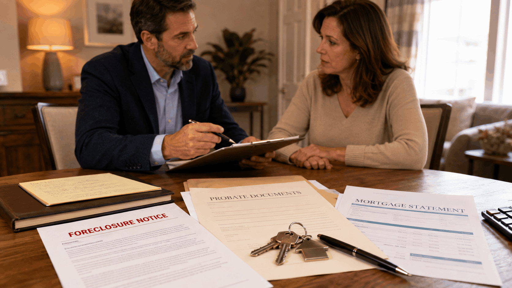 Professional advisor reviewing foreclosure notice, probate documents, mortgage statement, and house keys with a homeowner.
