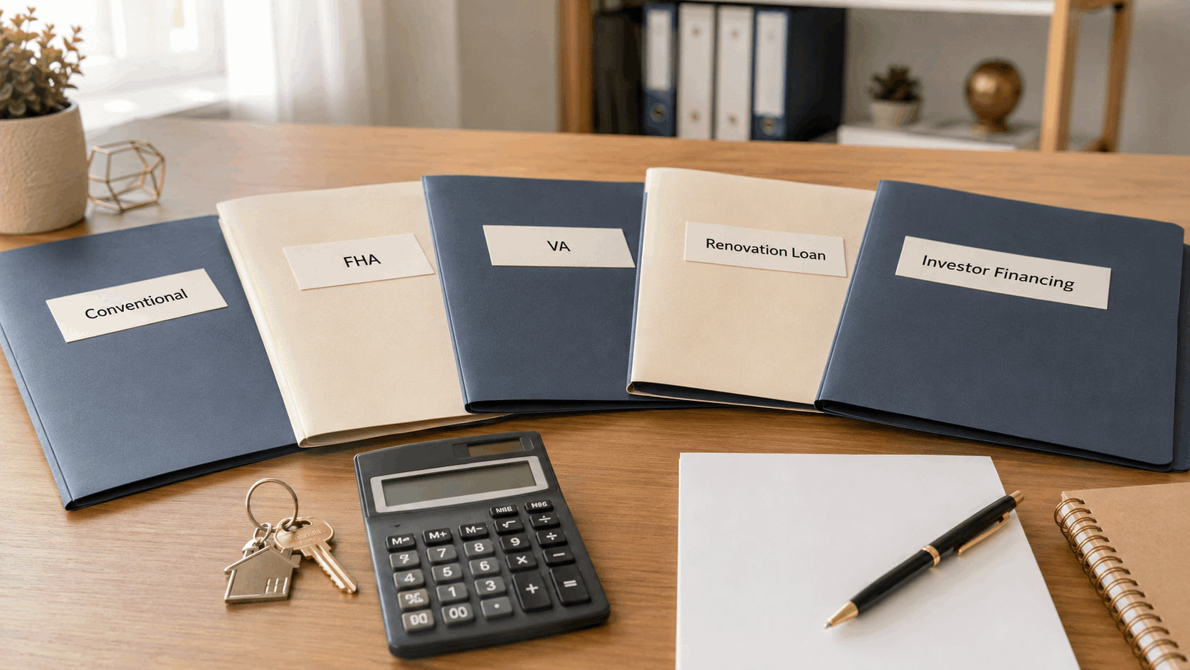 Organized real estate financing workspace with loan option folders, house keys, calculator, and planning documents.