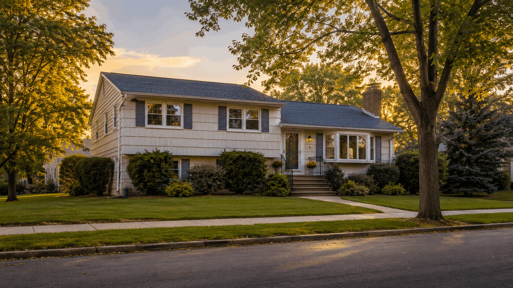 North Jersey probate home exterior on a clean residential street with mature trees and warm golden-hour light.