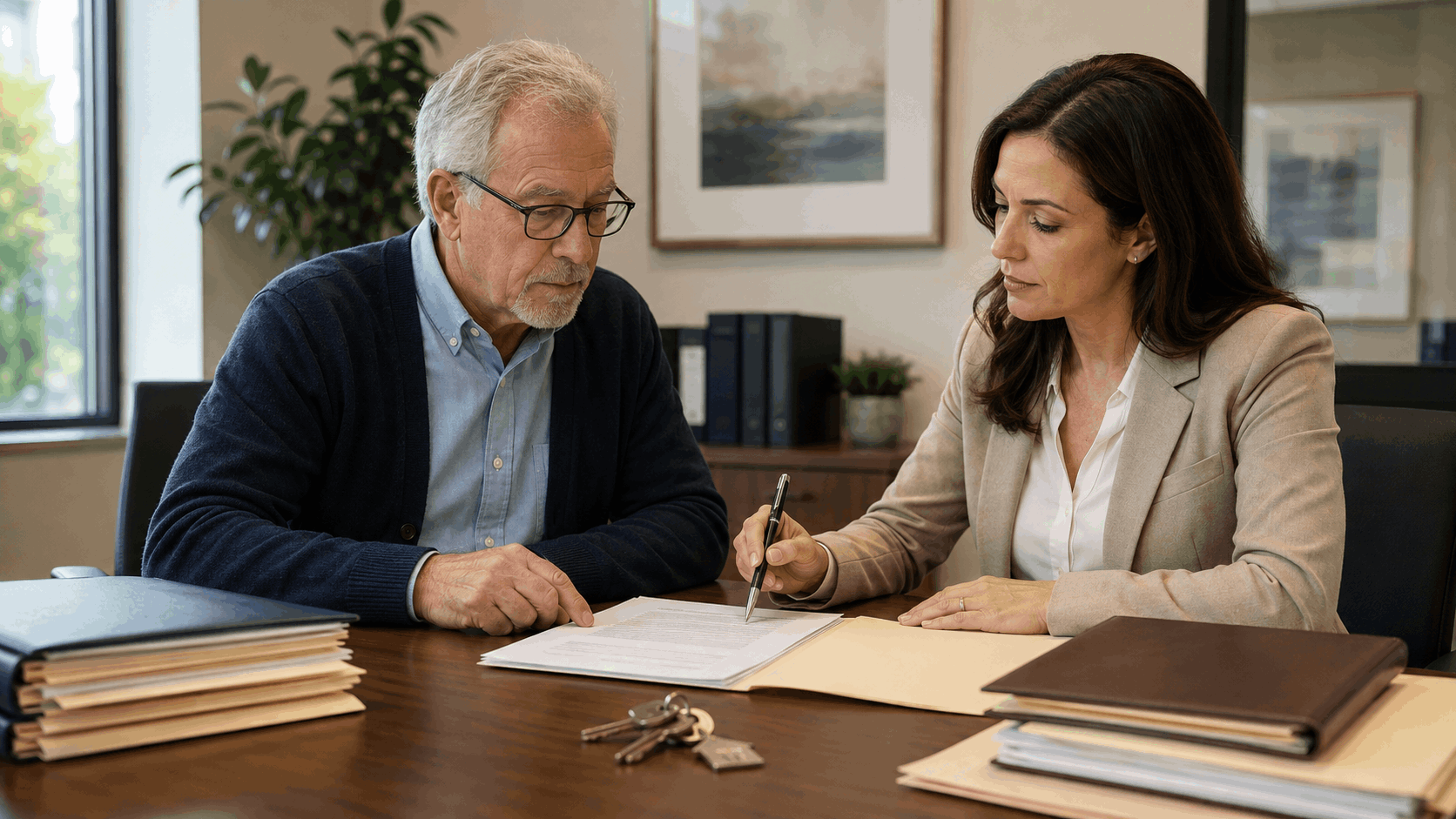 Executor and real estate professional reviewing NJ probate paperwork, Letters Testamentary, estate folders, and house keys.