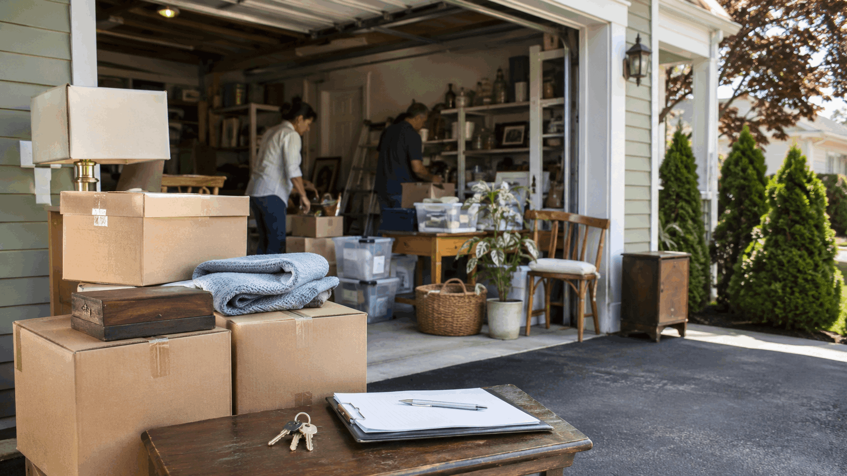 North Jersey probate property cleanout with organized boxes, estate items, house keys, and open garage.